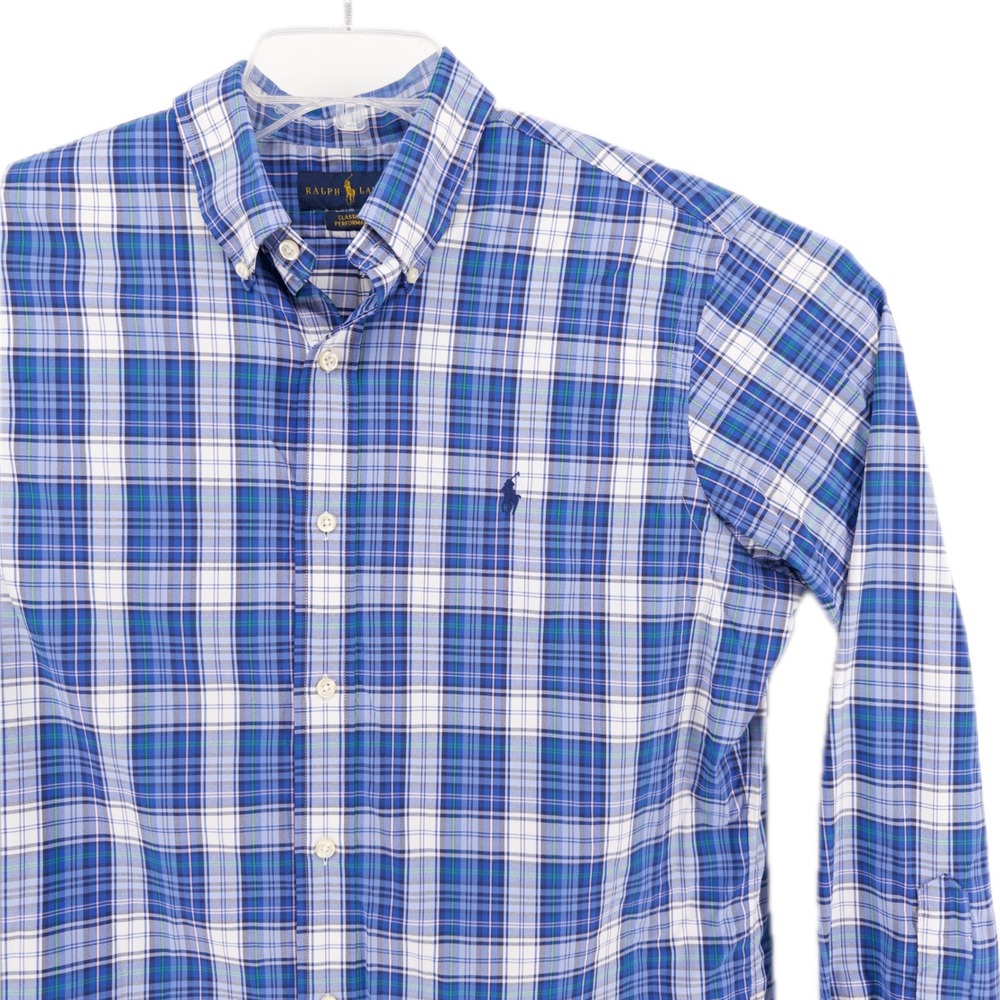 Ralph Lauren Mens Large Performance Classic Fit Button Down Blue Plaid Shirt